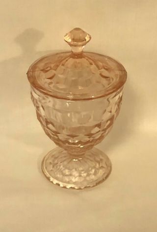 1930s Jeannette Pink Glass Cube Cubist Footed Covered Candy Jar