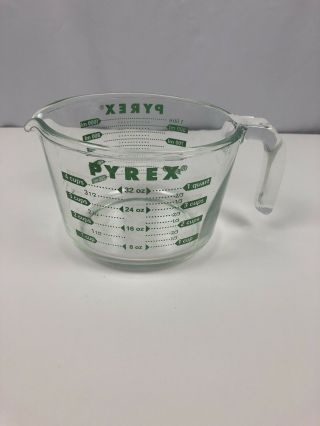 Corning Pyrex 4 Four Cup 1 Quart Green Text Microwaveable Mixing Measuring Cup