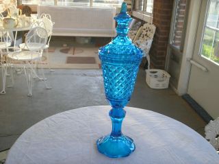 Indiana Glass Tall Footed Compote Candy Dish Wi Lid Cobalt Blue Diamond Pattern