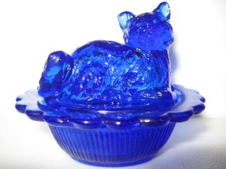 Cobalt Blue Glass Salt Cellar Celt Dip Cat Kitten On Nest Basket Dish Dark Kitty