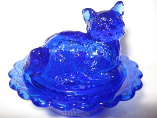 Cobalt Blue Glass Salt Cellar Celt Dip Cat Kitten On Nest Basket Dish Kitty Navy