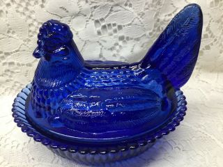 Blue Vaseline glass hen chicken on nest basket dish candy butter uranium cobalt 2