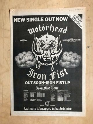 Motorhead Iron Fist Single/tour Poster Sized Music Press Advert From 19