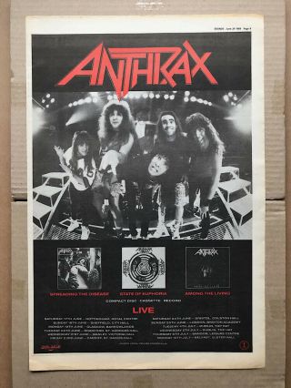 Anthrax 1989 Uk Tour Poster Sized Music Press Advert From 1989 With Tou