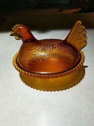 Vintage Indiana Gold Glass Hen On Nest Nib