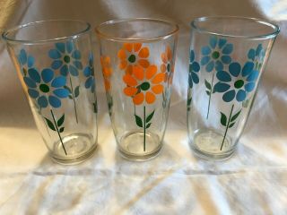 3 Vintage Sour Cream Glasses Blue And Orange Daisy One Pint