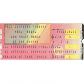 Neil Young & Crazy Horse Concert Ticket Stub Houston Texas 11/7/86 Summit Rare