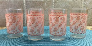 Vintage Pink Floral Lace Juice Glass Set Of 6 Mid Century