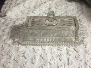 Vintage Starburst Clear Pressed Glass Butter Dish With Lid Ribbed Edge Retro