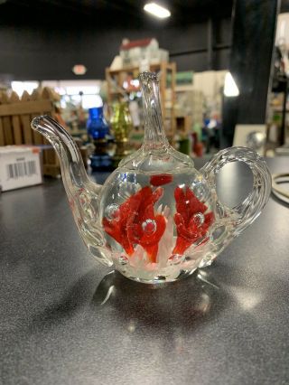 Vintage Joe St Clair Floral Bubble Glass Teapot Ring Holder Paperweight Red