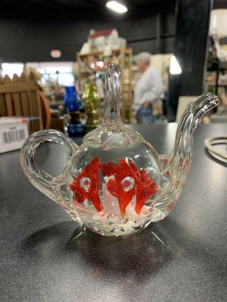 Vintage Joe St Clair Floral Bubble Glass Teapot Ring Holder Paperweight Red 3