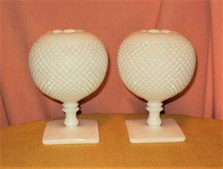 Pair Vintage Westmoreland Milk Glass English Hobnail Ivy Rose Bowl Vase 7 " Tall