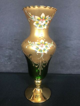 Small Vintage Bohemian Glass Bud Vase Dark Green & Gold W/ Quality Hand Painting