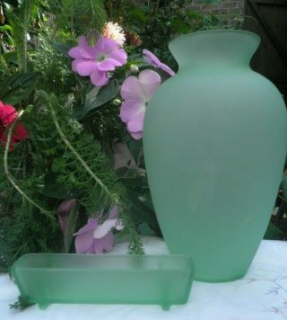 Vintage Bagley Frosted Green Glass 8.  5in Vase,  Rare Matching Flower Trough 1930
