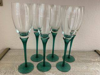 Handblown Crystal Wine Glasses 6 Emerald Tulip Stems 10” Tall Elegant Champagne