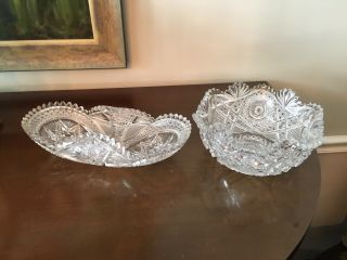 Set Of Antique American Brilliant (?) Cut Glass Crystal Saw Tooth Bowl And Dish