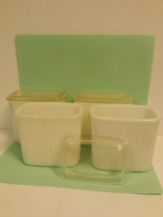 Hazel Atlas Ribbed Milk Glass Refrigerator Dish Jar Set 0f 4 With 3 Lids