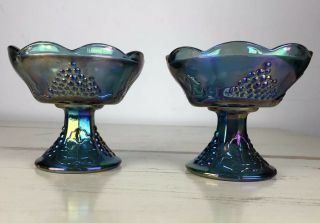Set Of 2 Vintage Blue Carnival Glass Candle Stick Holders Harvest Grape Indiana