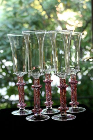 Murano Wine Flute Glasses With Iridescent Pink Stems (5)