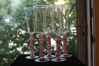 Murano Wine Flute Glasses with Iridescent Pink Stems (5) 2