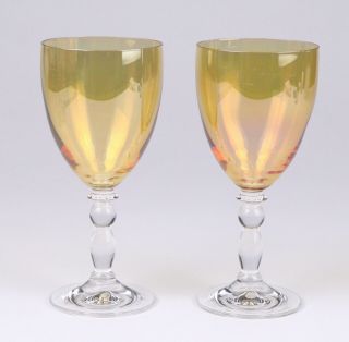 2 Peach Lustre Gold Iridescent Crystal Wine Glass Goblets Clear Stem 7 3/8 "