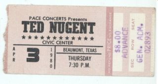 Mega Rare Ted Nugent 4/3/80 Beaumont Tx Civic Center Concert Ticket Stub