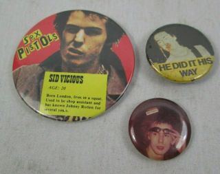 Sex Pistols Sid Vicious 3 X Vintage 1970s & Early 80s Badges Pins Buttons Punk