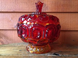 L.  E.  Smith Glass Amberina Red Moon & Stars Large Glass Covered Candy Dish
