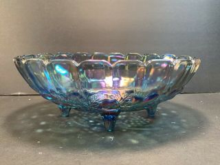 Indiana Carnival Blue Iridescent Harvest Grape Blue Oval Footed Bowl L: 12 - 1/4”