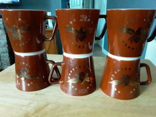 Set Of (6) Pyrex Brown And Gold Americana Mugs/cups