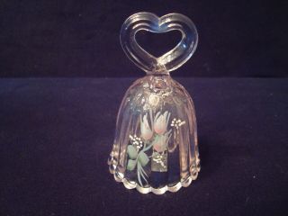 Fenton Hand Painted,  Artist Signed Pink Glass Bell W/ Heart Handle 3 - 1/2 " Tall
