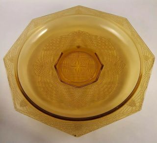 L E Smith Glass Romanesque Amber Shallow Round Bowl Octagonal Beaded Arch 11 1/4