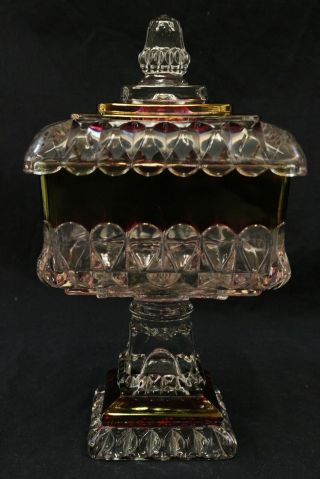 Vtg Square Red & Clear Glass Pedestal Candy Dish