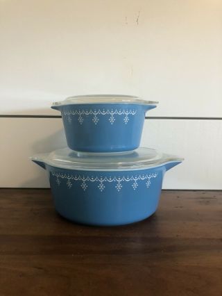 Vintage Pyrex Blue Garland Snowflake Casserole Dish Set 473 & 475 W Lids