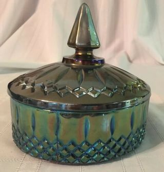 Vintage Indiana Blue Iridescent Carnival Glass Candy Dish W Lid Windsor Princess