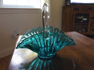 Vintage Aqua Teal Blue Glass Basket With Clear Applied Handle