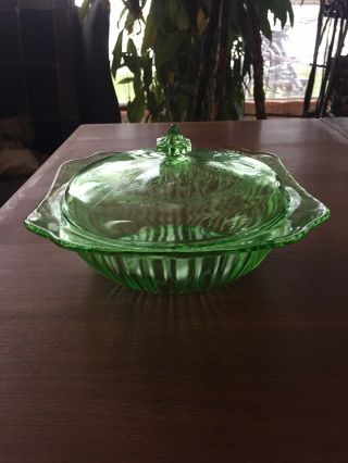 Vintage Green Depression Glass Jeanette Adam Serving Bowl Covered Casserole Dish