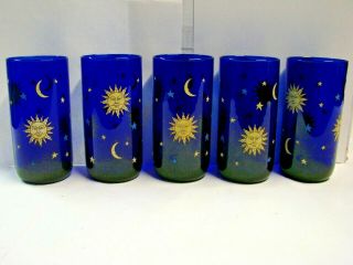 5 Vintage Libby Cobalt Blue Celestial Sun Moon & Stars Glasses / Tumblers