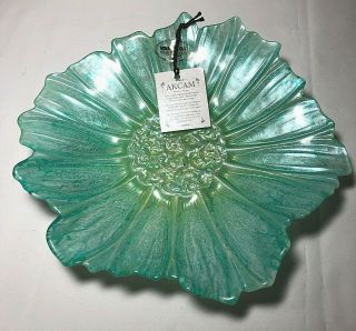 Green Akcam Turkish Iridescent Glass Bowl With Tag Flower Shape