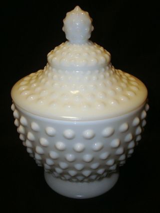 Vintage Fenton White Milk Glass Hobnail 6 ½” Footed Candy Compote Dish W/lid