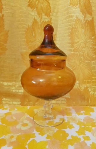 Mid Century Amber Glass Apothecary Bon Bon Jar Lidded Italian Empoli 60s 20cm