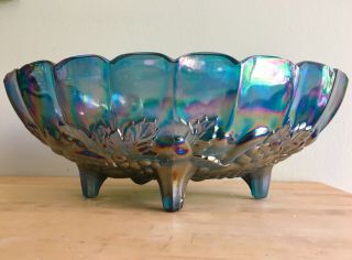 Indiana Carnival Glass Harvest Grape Blue Iridescent 12 " Oval Footed Bowl Dish