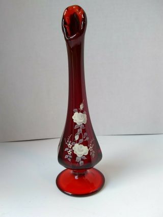 Fenton Ruby Red Glass Swung Bud Vase Footed Hand Painted Signed 8 "