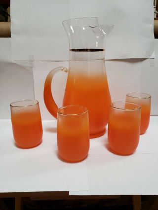 Vtg Mid Century Modern Blendo Frosted Glass Orange Juice Set - Pitcher & 4 Glasses