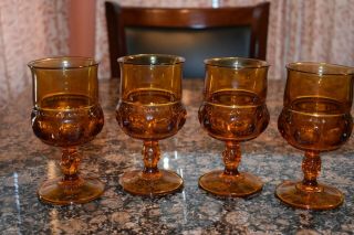 Set Of 4 Vintage Indiana Glass Kings Crown Amber Stemmed Goblets