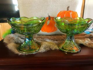 Vintage Carnival Green Iridescent Glass,  Candle Holders.