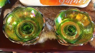 Vintage Carnival green iridescent glass,  Candle Holders. 2