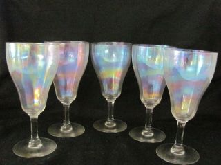 Vtg Iridescent Optic Panel Tulip Shaped Water Goblets - Set Of 5