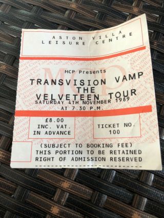 Transvision Vamp Concert Tocket Aston Villa Leisure Centre 4th Nov 1989