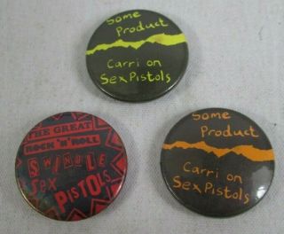 The Sex Pistols 3 X Vintage Early 1980s 25mm Badges Pins Buttons Punk Wave